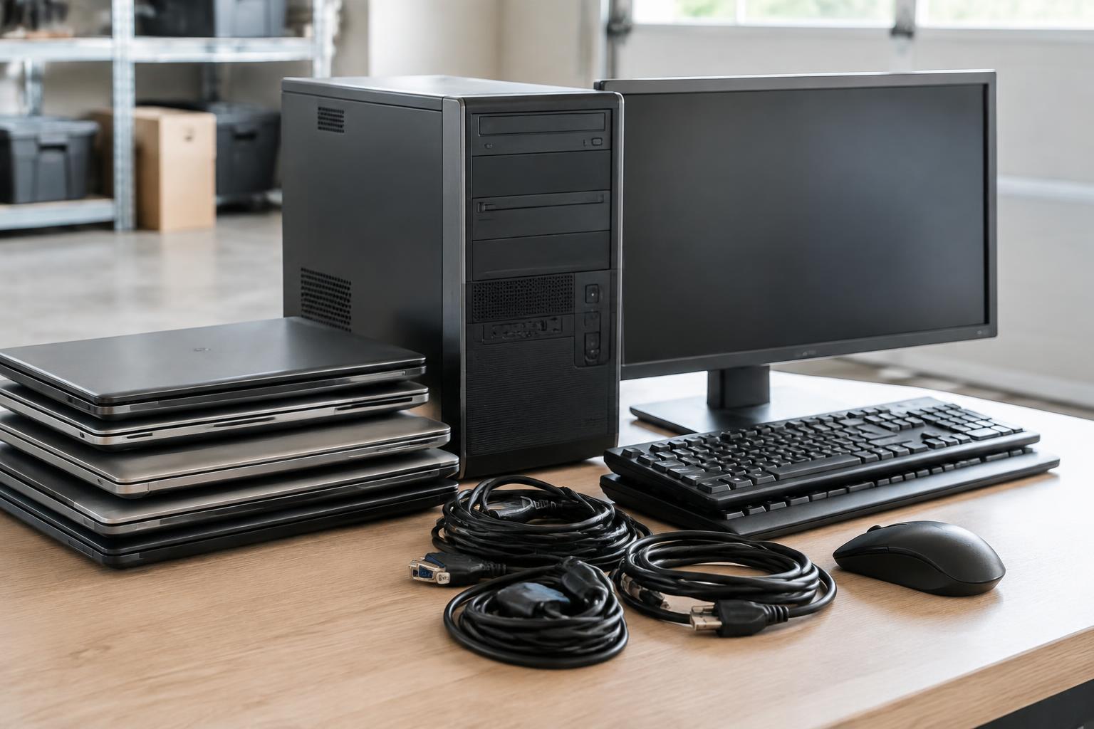 Old laptops, a desktop tower, monitor, keyboard and cables ready for e-waste pickup