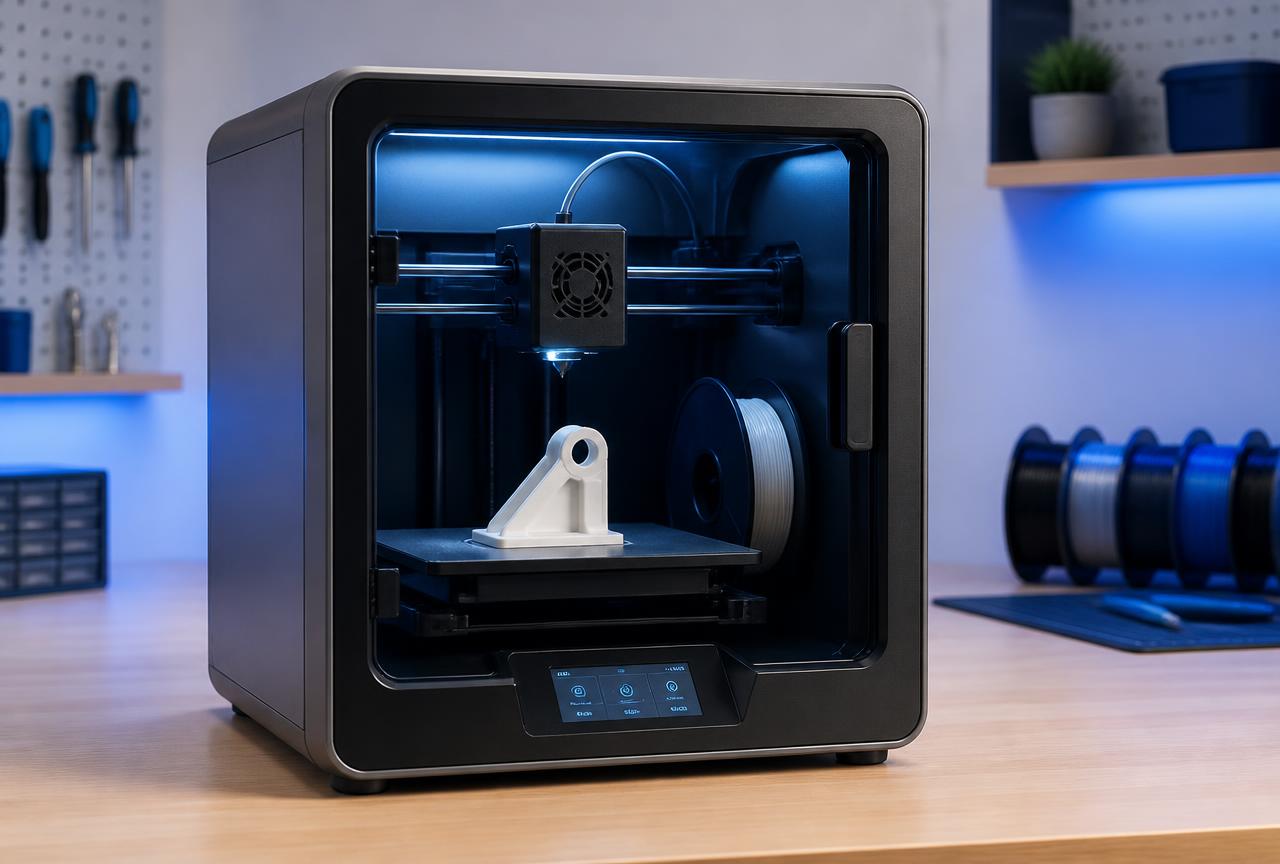 Enclosed desktop FDM 3D printer printing a white plastic bracket next to a spool of filament