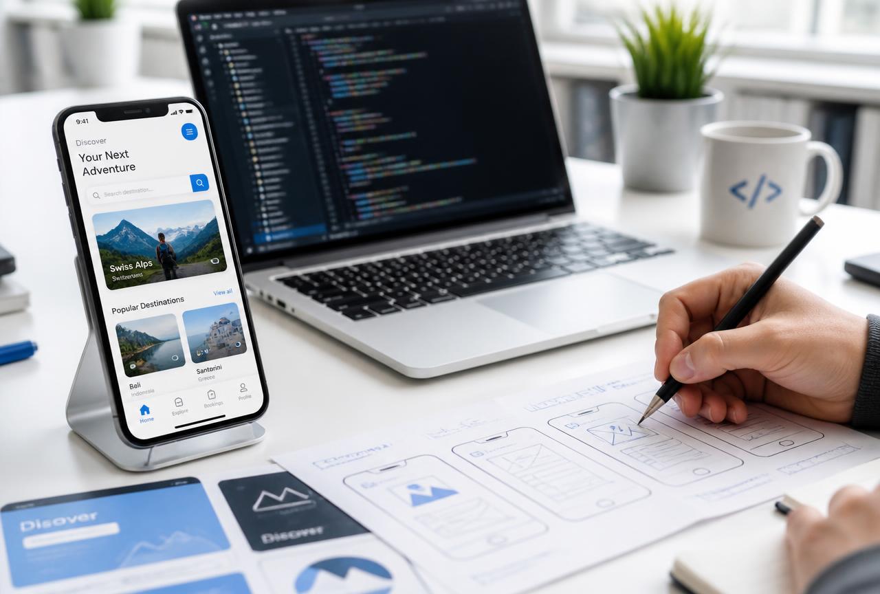 Mobile app interface on a smartphone beside a laptop showing app code during development