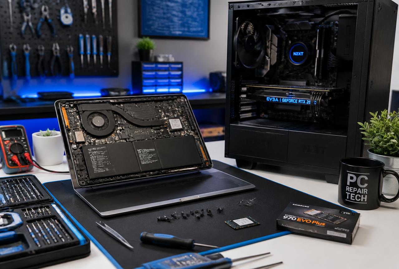 Small business computers and network equipment being serviced at a technician workbench
